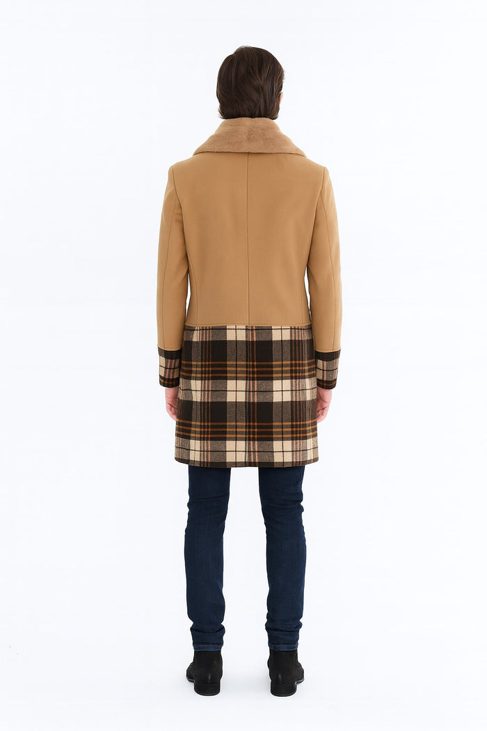 Mens Camel Brown Shawl Collar Overcoat with Plaid Wool Bottom  Double-Breasted Winter Topcoat With Fur Collar
