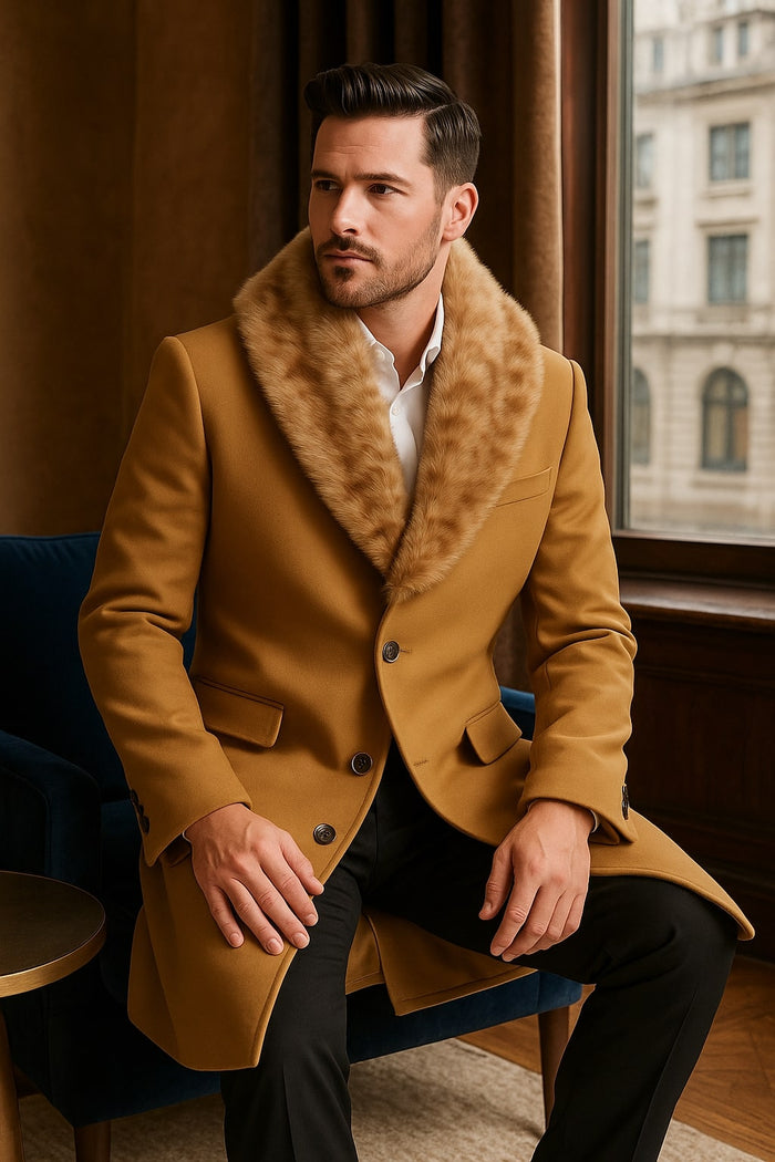 Mens Camel Overcoat with Light Faux Fur Collar  Single-Breasted Wool Dress Coat