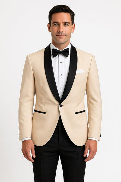 Mens Champagne Light Tan Tuxedo Jacket with Black Shawl Lapel  Classic One-Button Formal Dinner Jacket - Nude Color