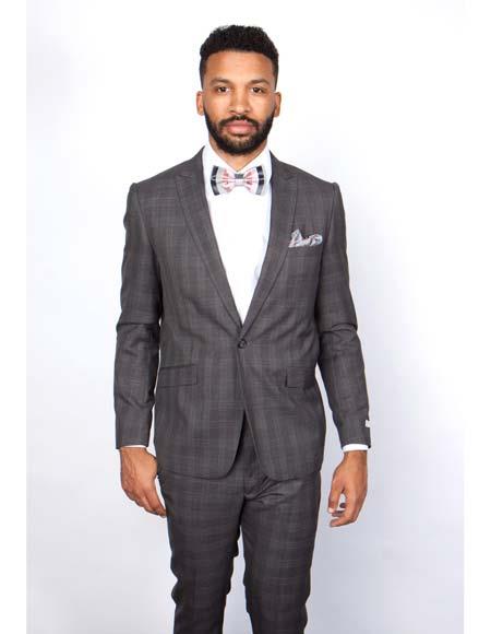 Men's Rossiman Rossi Man Brands Charcoal Plaid Tapered Leg Lower Rise Pants & Get Skinny 1 Button Slim Fit Peak Lapel Suits