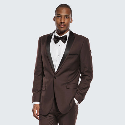 Mens Chocolate Brown Tuxedo with Black Satin Peak Lapel  Formal Wedding and Prom Suit