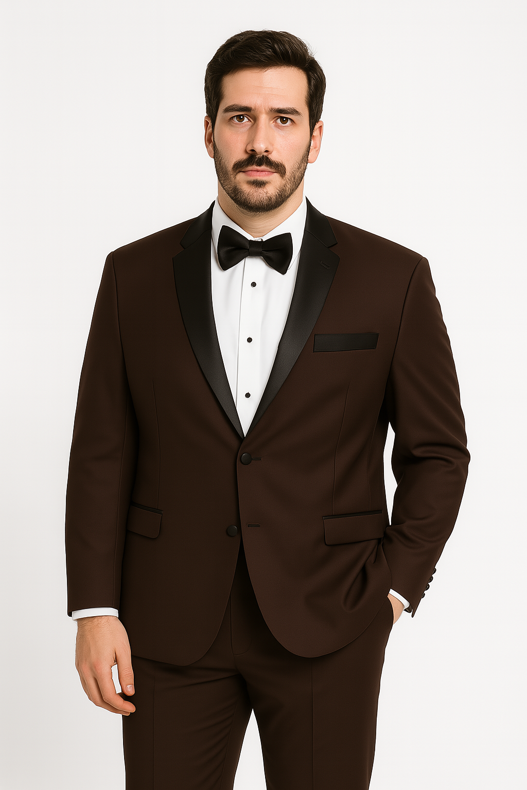 Mens Chocolate Brown Tuxedo with Black Satin Peak Lapel  Formal Wedding and Prom Suit
