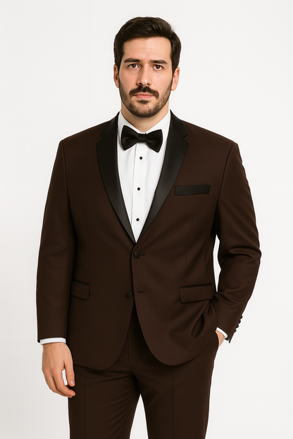 Mens Chocolate Brown Tuxedo with Black Satin Peak Lapel  Formal Wedding and Prom Suit