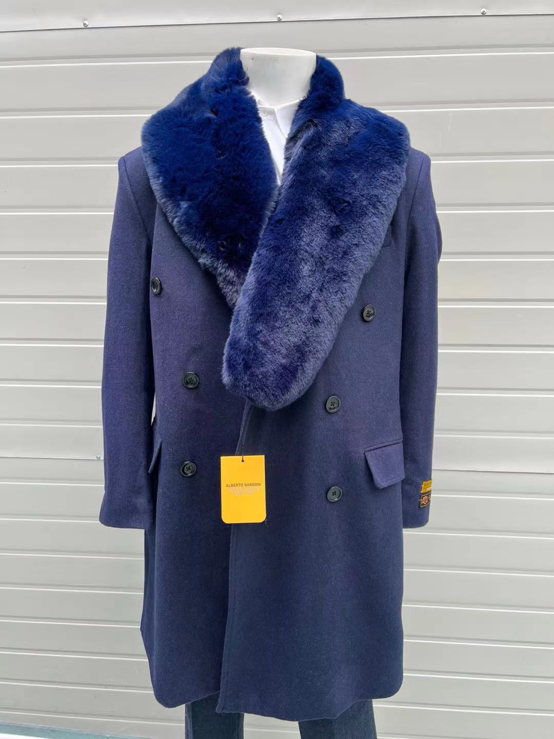 Mens Double-Breasted Navy Overcoat with Plush Blue Faux Fur Collar  Alberto Nardoni Winter Coat