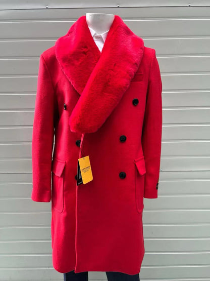 Mens Double Breasted Red Overcoat with Bold Red Faux Fur Collar  Alberto Nardoni Luxury Winter Coat
