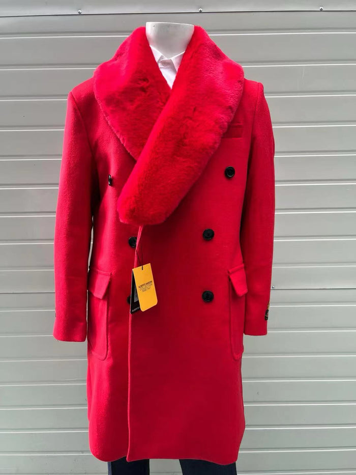 Mens Double Breasted Red Overcoat with Bold Red Faux Fur Collar  Alberto Nardoni Luxury Winter Coat