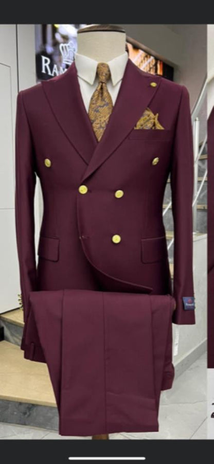 Men’s Burgundy Double Breasted Suit with Gold Buttons, Formal Wedding Prom Dress Suit