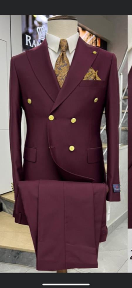 Men’s Burgundy Double Breasted Suit with Gold Buttons, Formal Wedding Prom Dress Suit