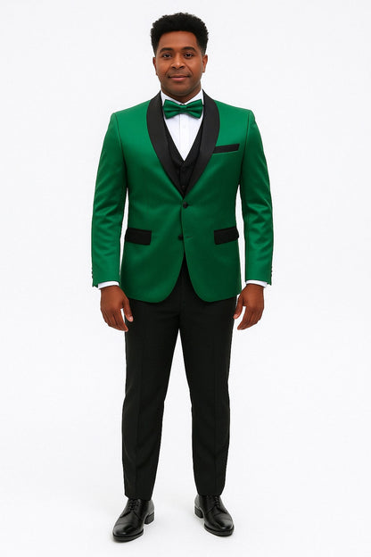 Mens Emerald Green Satin Tuxedo with Black Peak Lapel and Bow Tie  Formal Slim Fit Suit