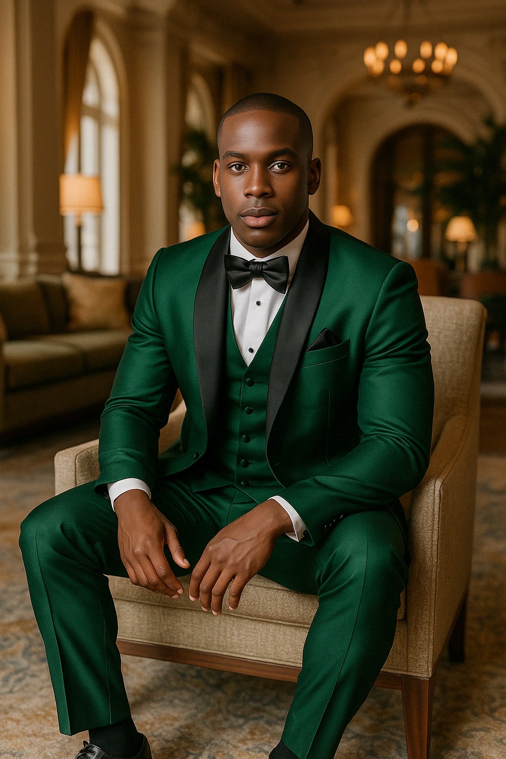 Mens Emerald Green Tuxedo with Black Satin Shawl Lapel 