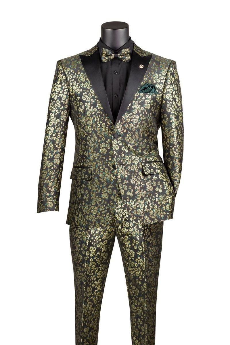 Emerald Green and Gold Floral Tuxedo Suit for Men Perfect Prom or Wedding Suit
