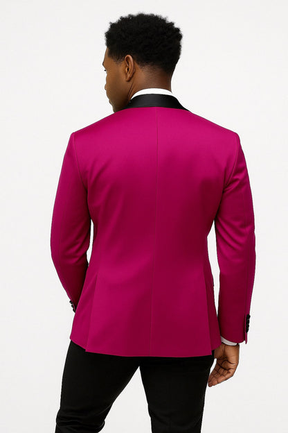 Mens Fuchsia Pink Satin Tuxedo Jacket with Black Peak Lapel  Bold Slim Fit Formal Suit