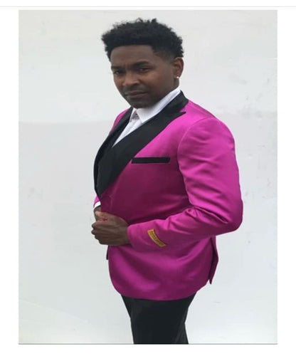 Mens Fuchsia Pink Satin Tuxedo Jacket with Black Peak Lapel  Bold Slim Fit Formal Suit