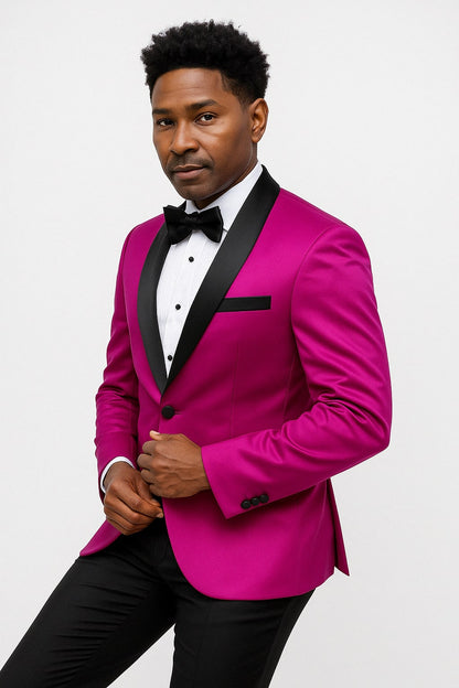 Mens Fuchsia Pink Satin Tuxedo Jacket with Black Peak Lapel  Bold Slim Fit Formal Suit
