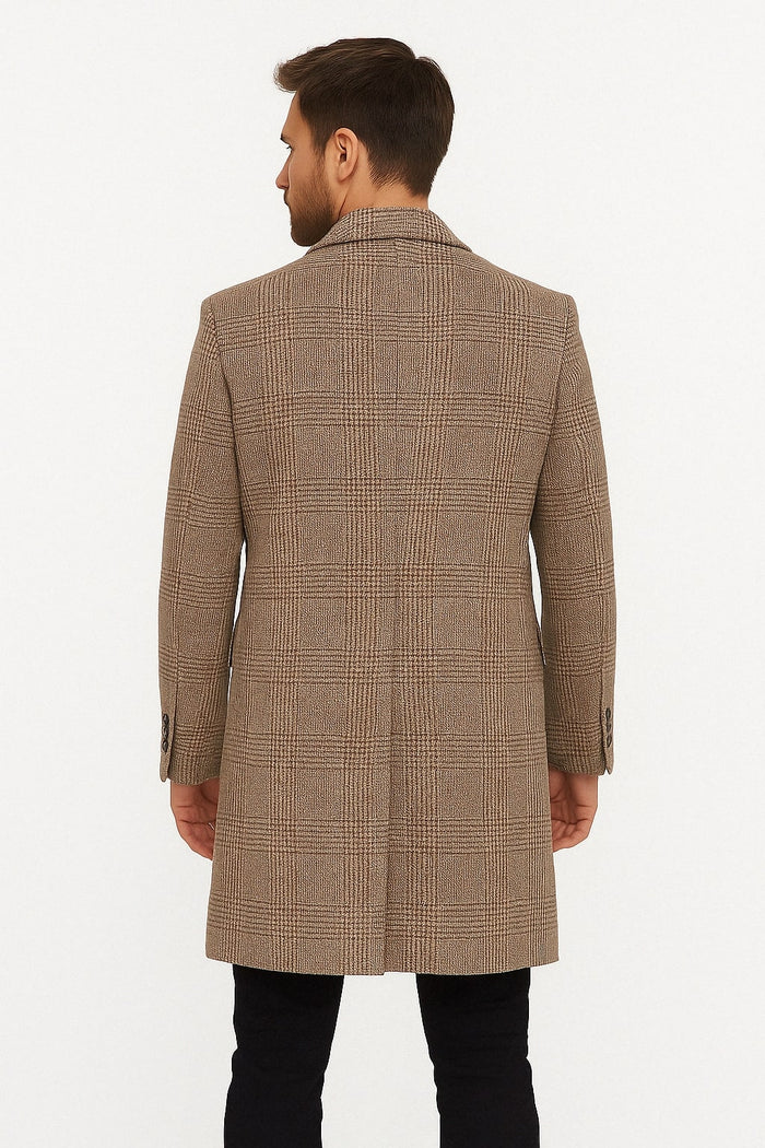 Mens Gray and Light Brown Glen Plaid Wool Overcoat  Double-Breasted Vintage Check Coat
