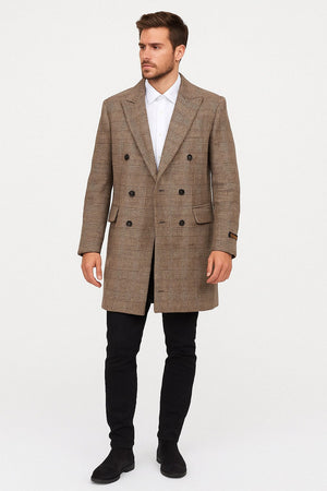 Mens Gray and Light Brown Glen Plaid Wool Overcoat  Double-Breasted Vintage Check Coat