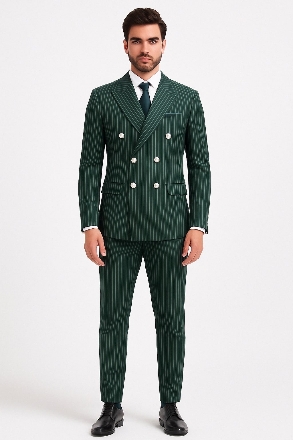 Mens Green Pinstripe Double-Breasted Suit  Slim Fit 2 Piece Formal Business Suit with Peak Lapel 1920s Gangster Pinstripe