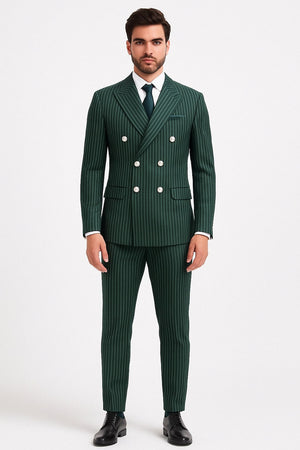 Mens Green Pinstripe Double-Breasted Suit  Slim Fit 2 Piece Formal Business Suit with Peak Lapel 1920s Gangster Pinstripe
