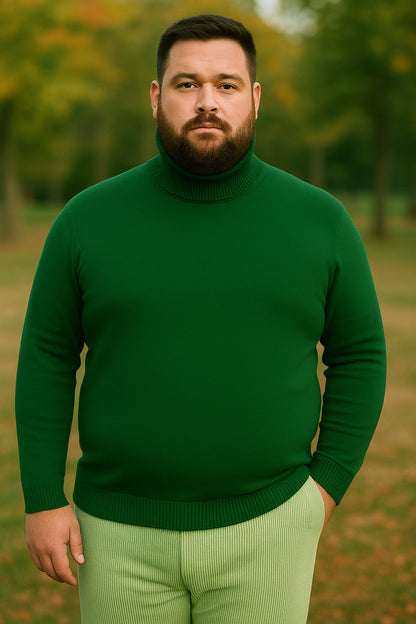 Mens Green Slim Fit Turtleneck Sweater  Lightweight Knit Pullover in Emerald Green