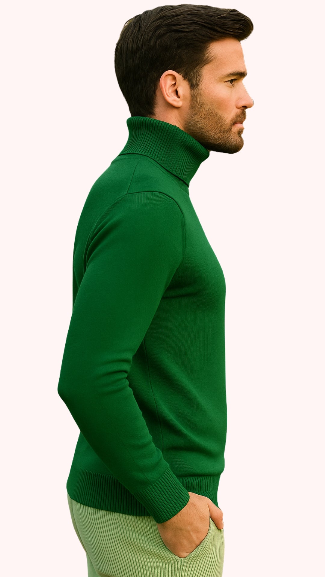 Mens Green Slim Fit Turtleneck Sweater  Lightweight Knit Pullover in Emerald Green