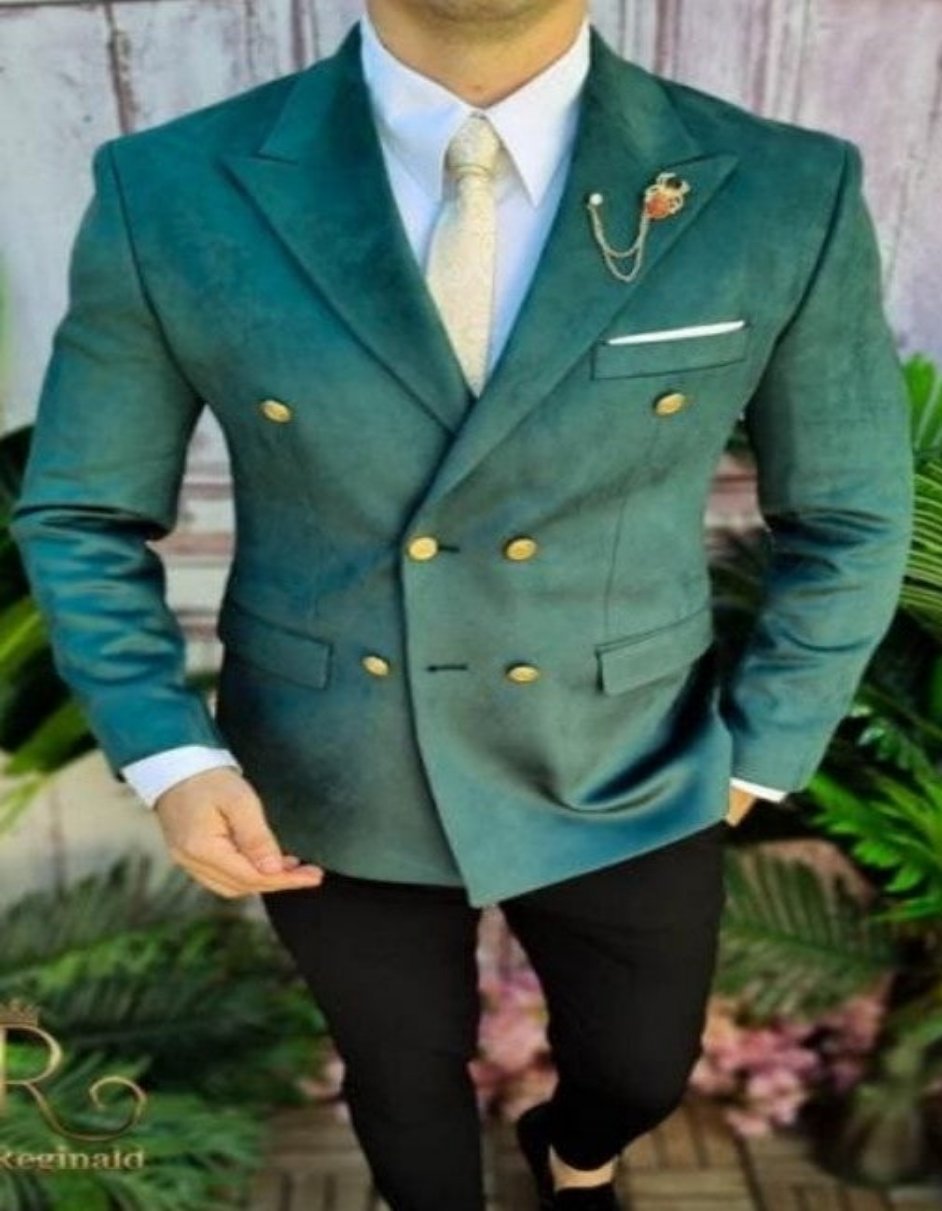 Mens Blazer 6 Button - Green Velvet Fabric - Double Breasted Blazer