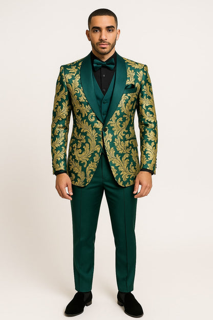34 Mens Green and Gold Embroidered Tuxedo 3-Piece Prom Suit 34 Mens Green and Gold Embroidered Tuxedo 3-Piece Prom Suit
