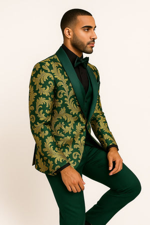 Mens Green and Gold Embroidered Tuxedo  3-Piece Prom Suit