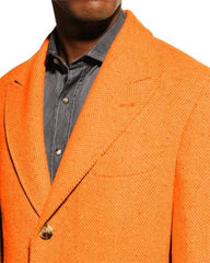 Mens Wool Carcoat - Hot Orange Three Quarter Peak Lapel Topcoat - Men's Tuxedo USA