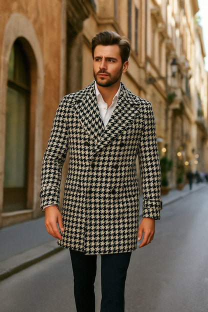 Mens Houndstooth Double-Breasted Wool Peacoat  Black and White Wool  Short Coat Slim Fit