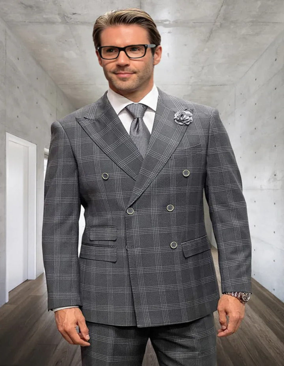 Mens Italian Wool Suit Color Grey - Men's Designer Classic Fit Double Breasted Wool Grey Windowpane Plaid Suit