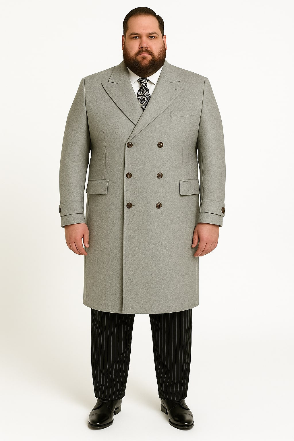 Mens Light Gray Double-Breasted Wool Overcoat  Classic Long Dress Coat for Winter