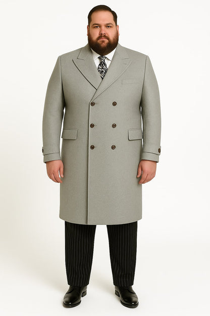 Mens Light Gray Double-Breasted Wool Overcoat  Classic Long Dress Coat for Winter