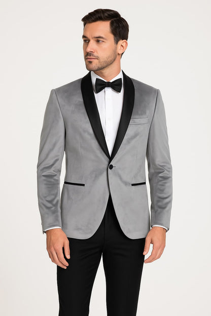 Mens Light Gray Velvet Tuxedo Jacket  Slim Fit Shawl Lapel Formal Blazer  Black Pants Included