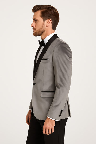 Mens Light Gray Velvet Tuxedo Jacket  Slim Fit Shawl Lapel Formal Blazer  Black Pants Included