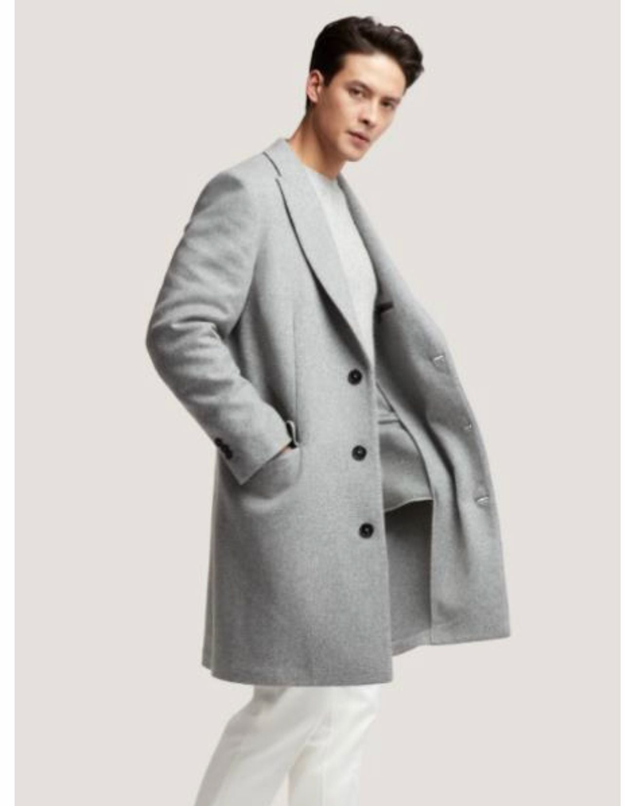 Mens Light Gray Wool Overcoat  Classic Single-Breasted Winter Coat