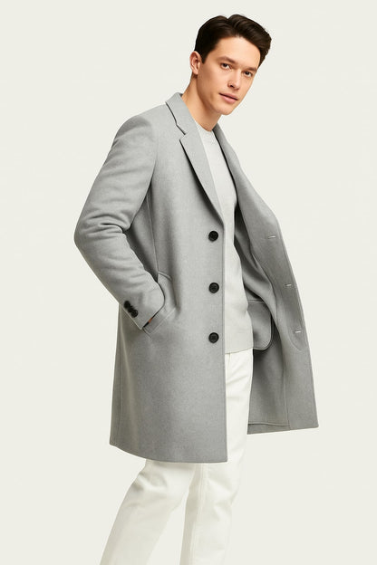 Mens Light Gray Wool Overcoat  Classic Single-Breasted Winter Coat