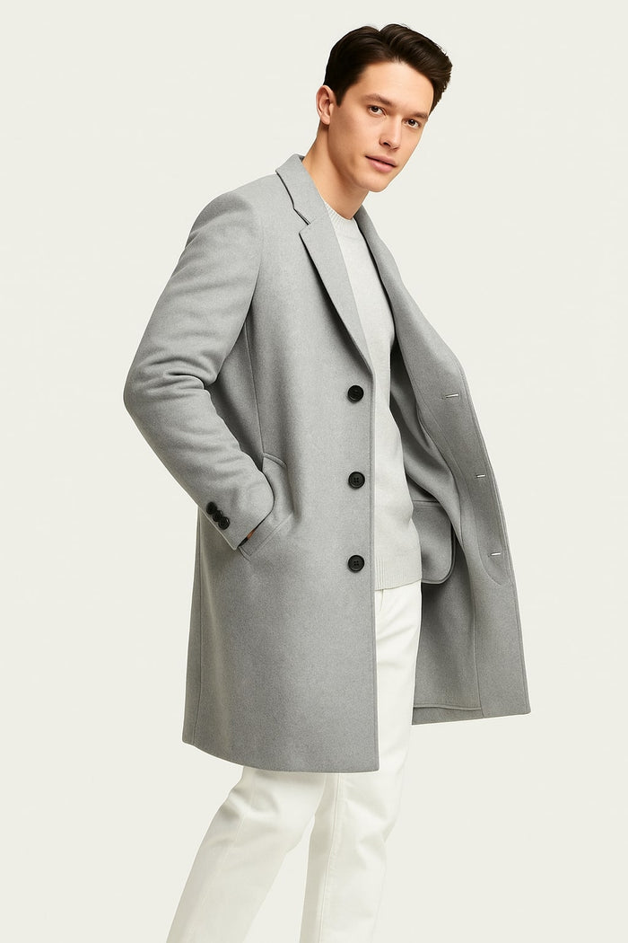 Mens Light Gray Wool Overcoat  Classic Single-Breasted Winter Coat