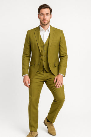 Mens Light Olive Green Linen Suit Three-Piece Style   Formal Suit with Vest and Flat Front Pants