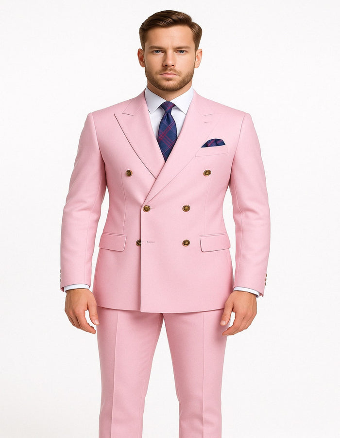Mens Light Pink Double-Breasted Suit with Gold Buttons  2-Piece Slim Fit Set