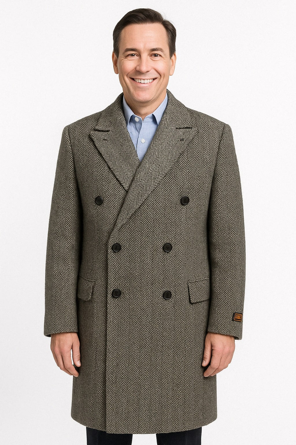 Mens Long Herringbone Wool Overcoat  Classic Double-Breasted Winter Topcoat