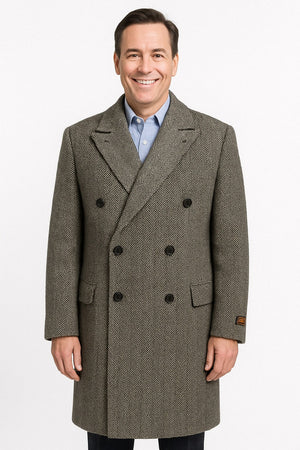 Mens Long Herringbone Wool Overcoat  Classic Double-Breasted Winter Topcoat