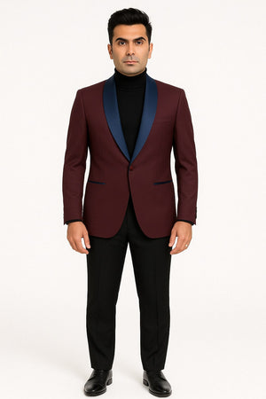 Mens Maroon Tuxedo Jacket with Blue Satin Shawl Lapel  Slim Fit Formal Blazer in Burgundy and Navy Blue