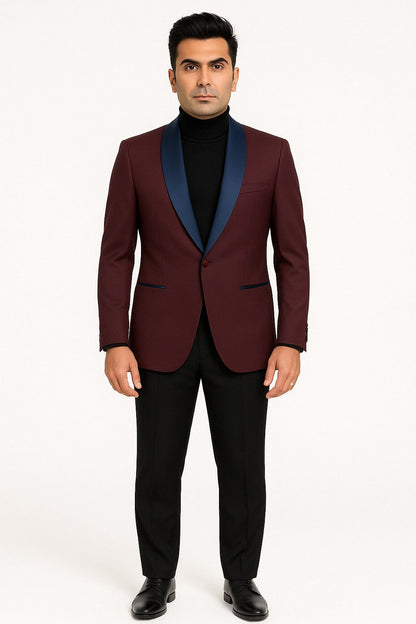 Mens Maroon Tuxedo Jacket with Blue Satin Shawl Lapel  Slim Fit Formal Blazer in Burgundy and Navy Blue