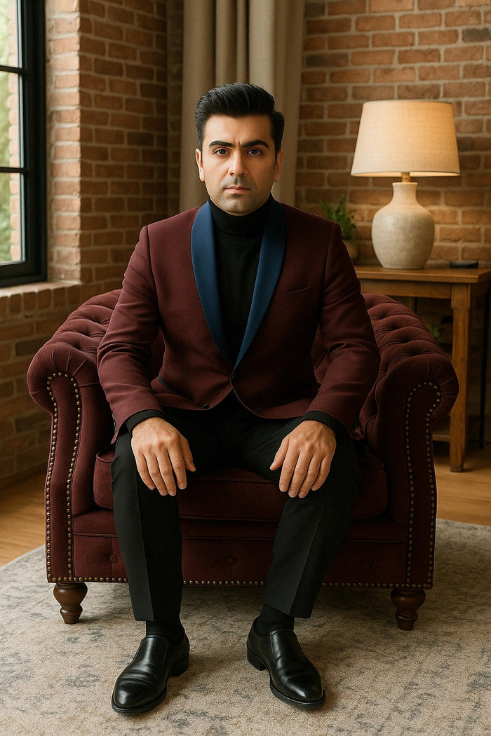 Mens Maroon Tuxedo Jacket with Blue Satin Shawl Lapel  Slim Fit Formal Blazer in Burgundy and Navy Blue