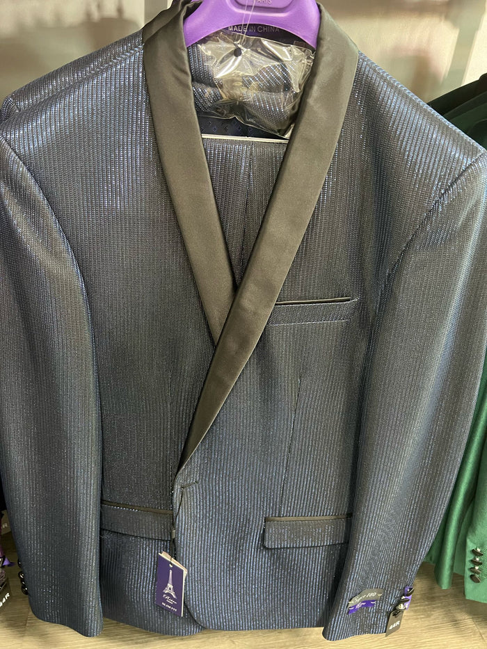 Mens Midnight Blue Stripe Tuxedo Jacket with Black Satin Shawl Lapel  Shiny Formal Party Suit