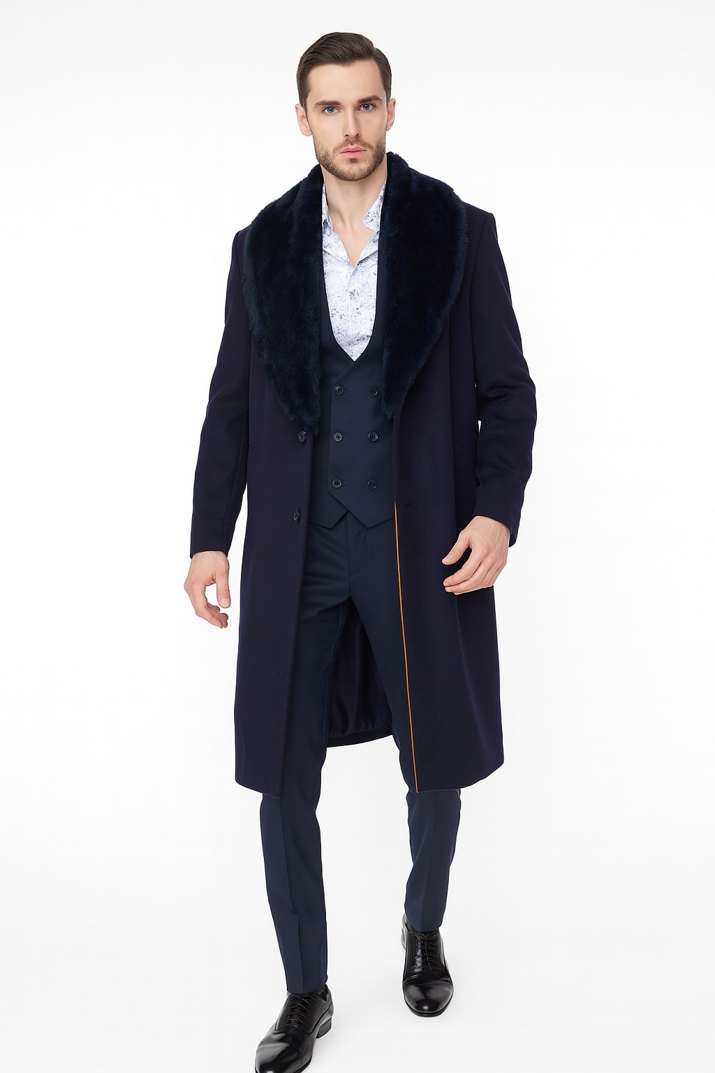 Mens Navy Blue Overcoat with Faux Fur Collar  Luxury Long Winter Coat for Formal and Casual Wear Topcoat