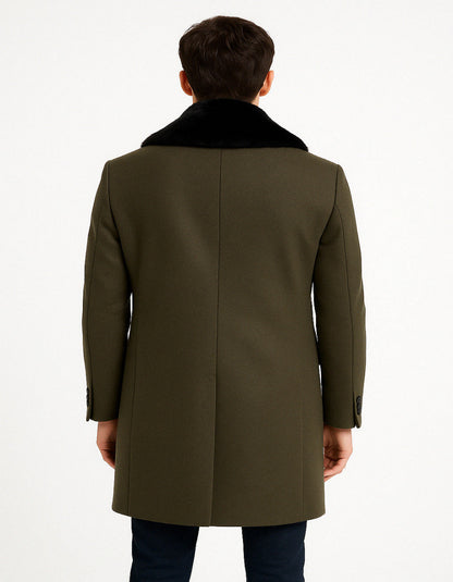 Mens Olive Green Wool Overcoat with Black Faux Fur Shawl Collar  Double Breasted Winter Coat