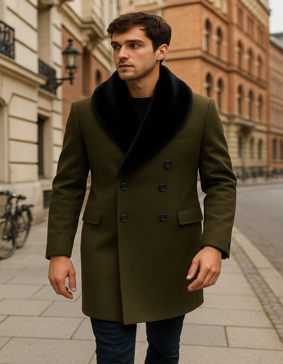 Mens Olive Green Wool Overcoat with Black Faux Fur Shawl Collar  Double Breasted Winter Coat