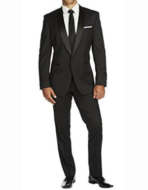 Men's One Button Slim Fit Solid Black Side Vents Tuxedo Suit With Shawl Lapels
