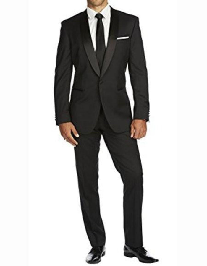 Men's One Button Slim Fit Solid Black Side Vents Tuxedo Suit With Shawl Lapels